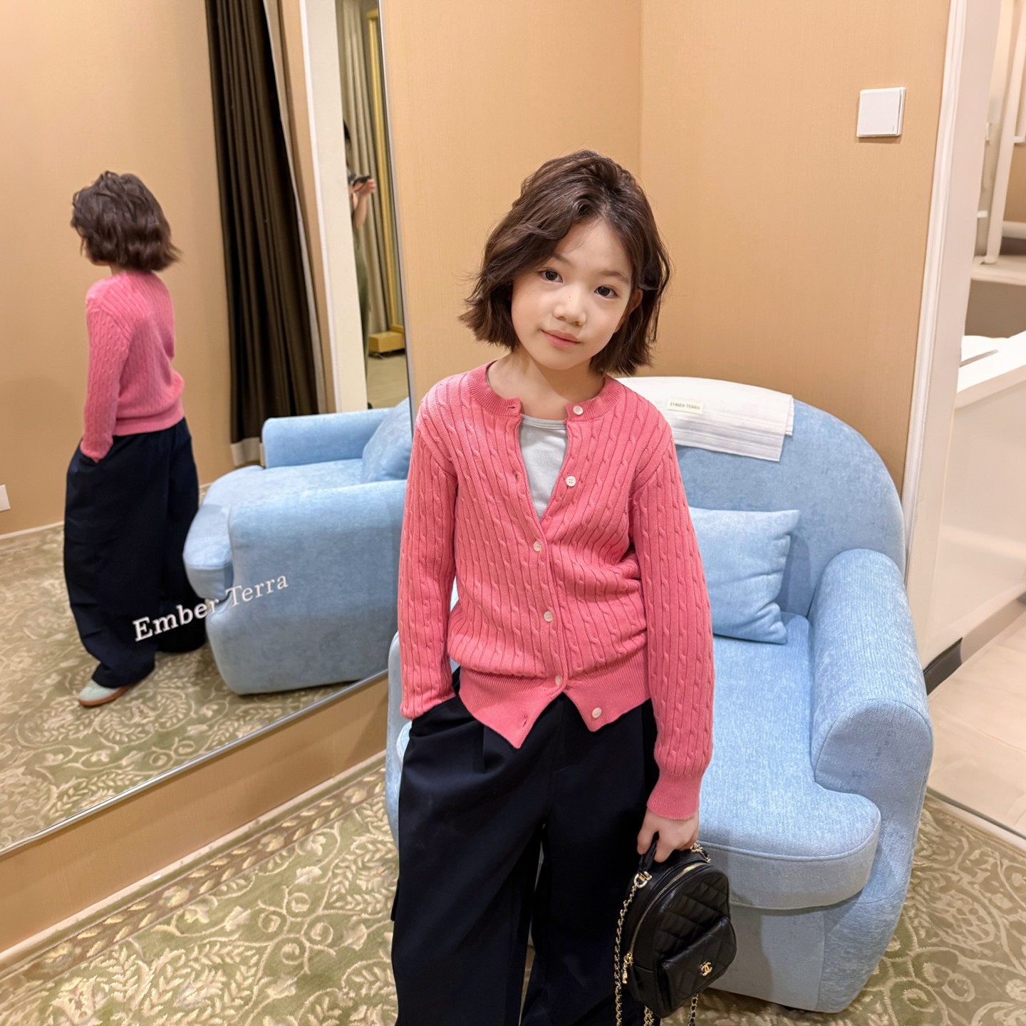 亲子/柒号童仓女大童韩系洋气麻花针织开衫秋装儿童百搭毛衣外套