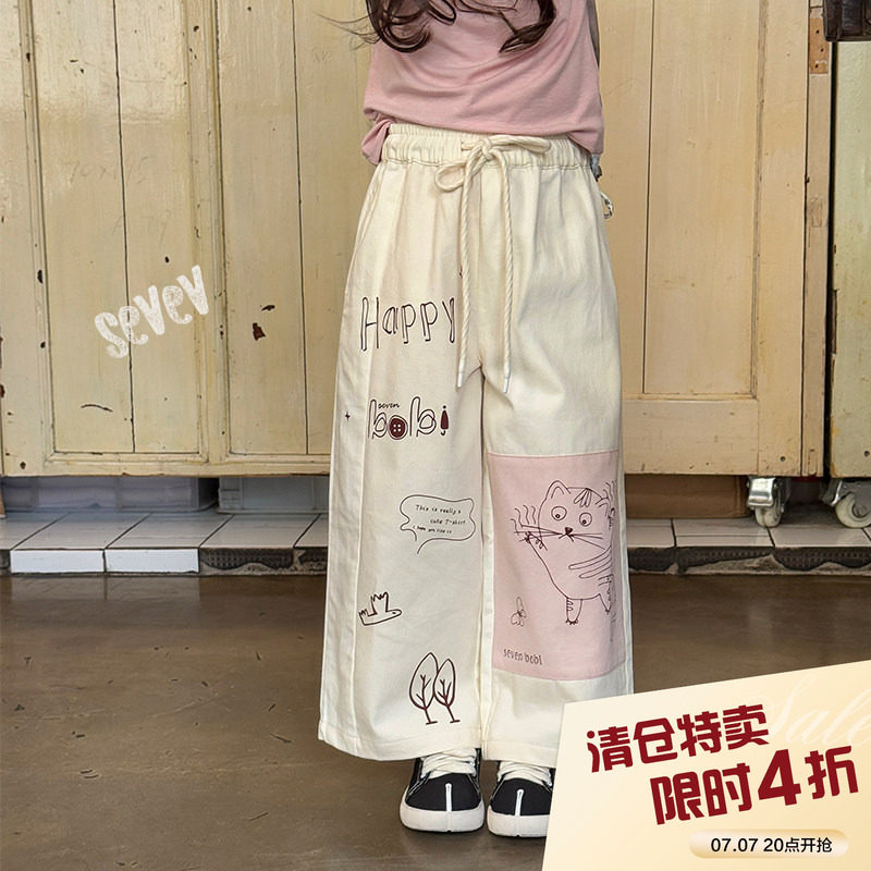 柒号童仓女童韩版可爱涂鸦休闲裤夏装新款女大童高腰直筒裤潮图片