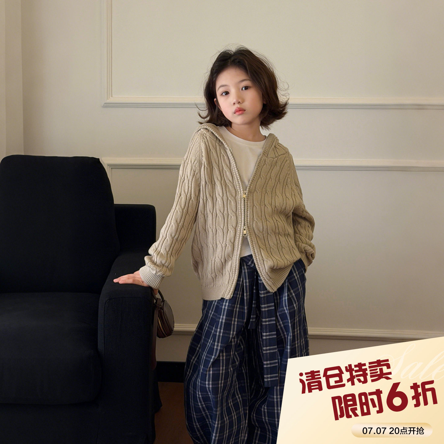 【亲子】柒号童仓女大童韩版连帽麻花毛衣春装新款针织开衫外套潮