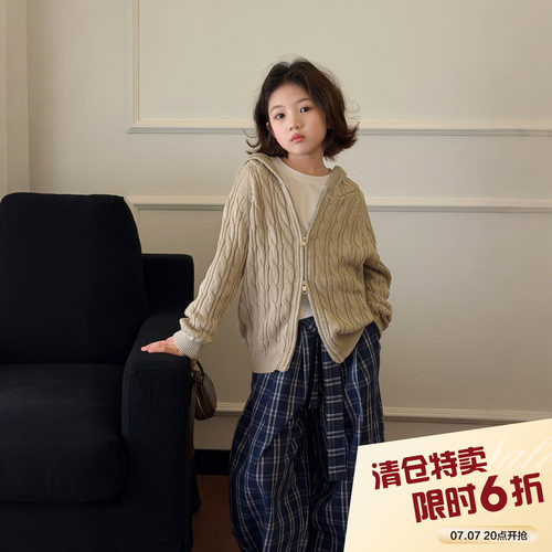 【亲子】柒号童仓女大童韩版连帽麻花毛衣春装新款针织开衫外套潮