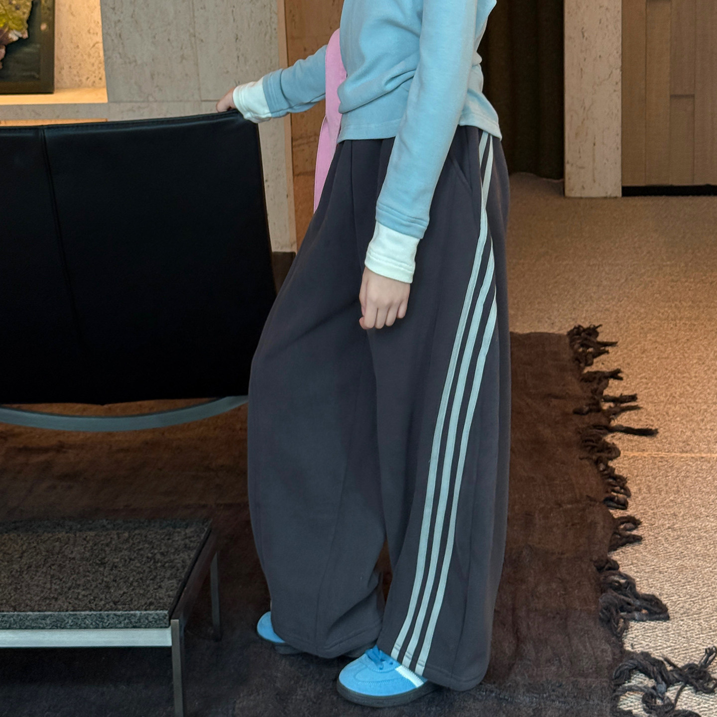 亲子/柒号童仓女大童韩系竖条纹加绒解构运动裤冬装宽松休闲裤潮