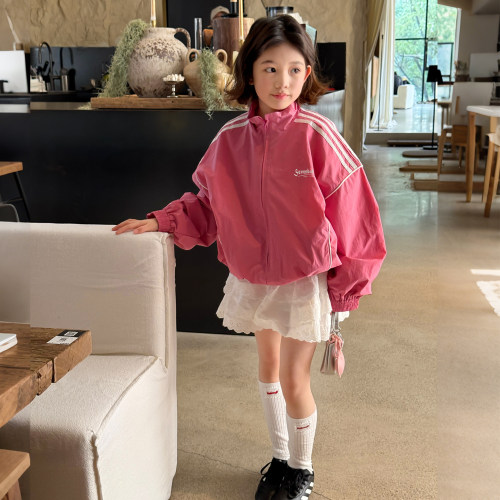 【亲子】柒号童仓女大童美式运动外套春装新款儿童条纹立领上衣潮