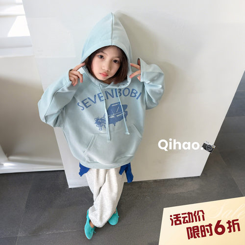 【亲子】柒号童仓女大童美式复古连帽卫衣春装儿童慵懒风印花上衣