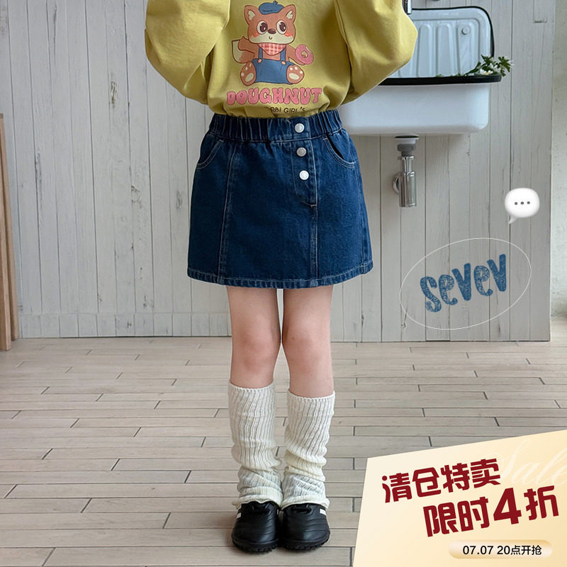 柒号童仓女童韩版洋气牛仔半身裙春装新款松紧腰百搭A字短裙潮图片