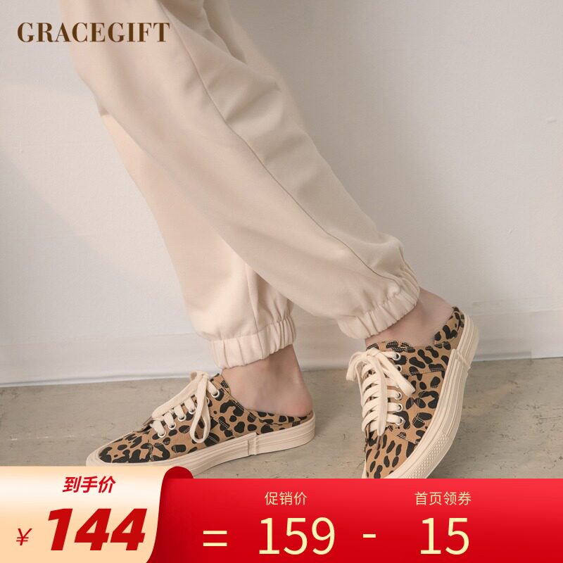 grace gift豹纹鞋女复古平底鞋新品脚踩两穿鞋街拍经典款帆布鞋女