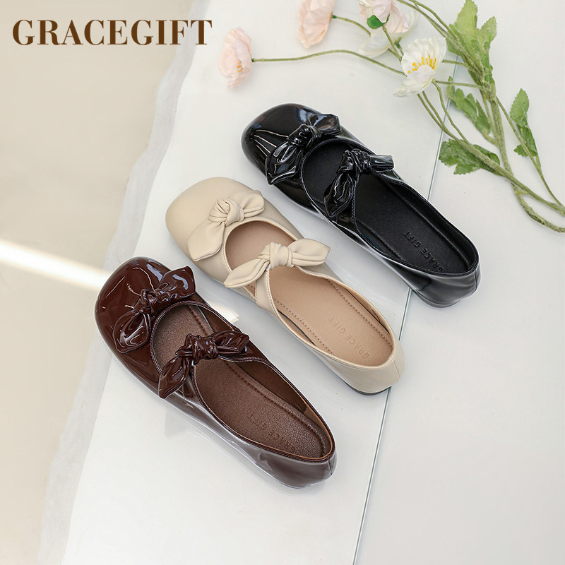 Grace gift浅口单鞋女新款甜美蝴蝶结软底鞋轻便舒适平底玛丽珍鞋