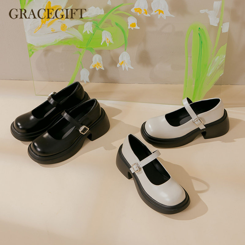Grace gift黑色小皮鞋女夏季透气英伦风法式方扣厚底玛丽珍JK鞋子