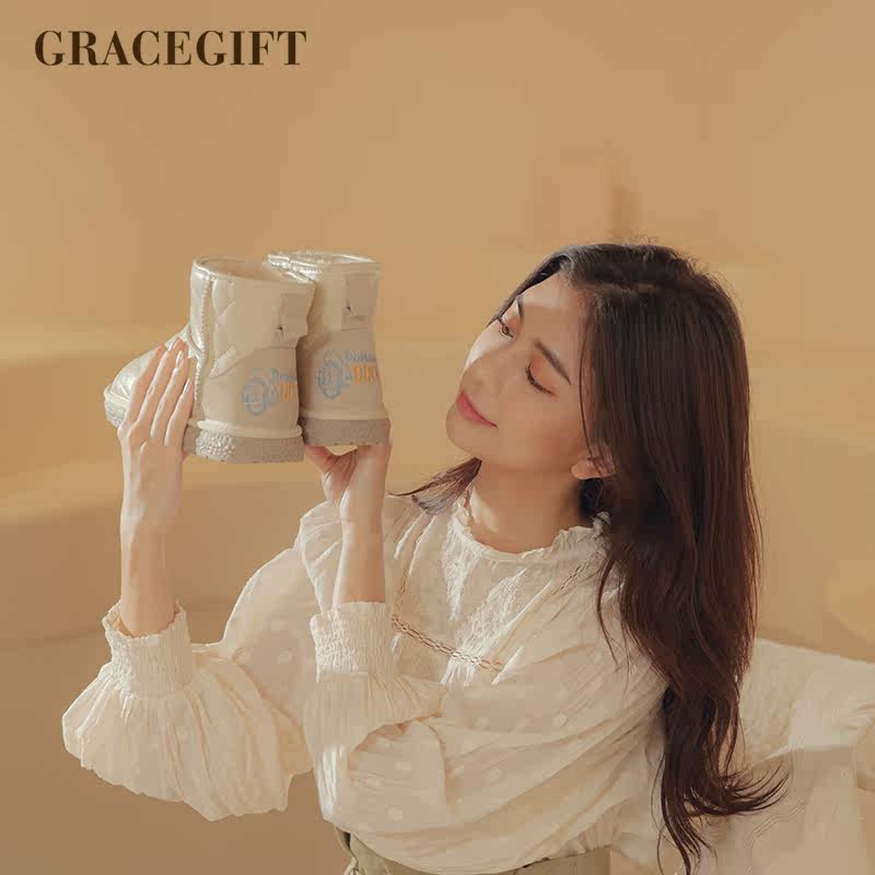 grace gift雪地靴女冬季平底防滑短筒菱格加绒保暖休闲舒适棉鞋女