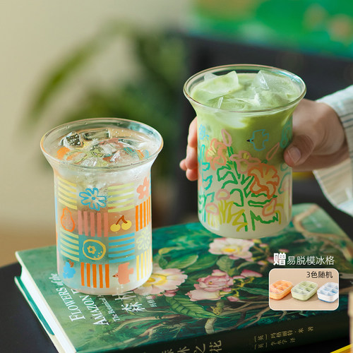 高颜值手绘敞口玻璃杯牛奶水杯
