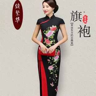 酒会礼服裙走秀表演气质高端改良旗袍真丝绣花长款演出服宴会年会