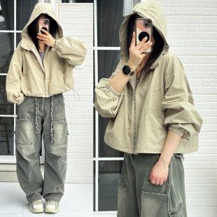 夹克上衣春 短款 高级感卡其连帽外套女2026新款 超好看宽松洋气工装