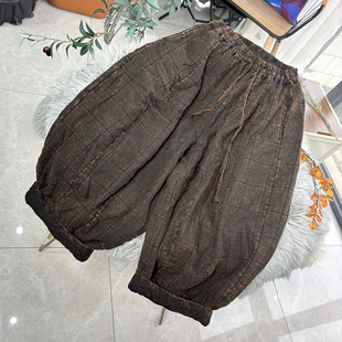 老爹裤 亚麻棉裤 女宽松松紧腰大码 加厚做旧哈伦裤 女 百搭休闲风冬季