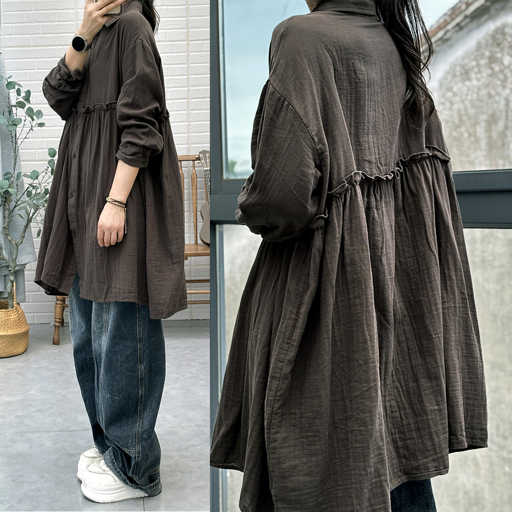 甜美森系纯棉衬衫裙女春秋季宽松显瘦高腰裙摆单排扣娃娃裙连衣裙