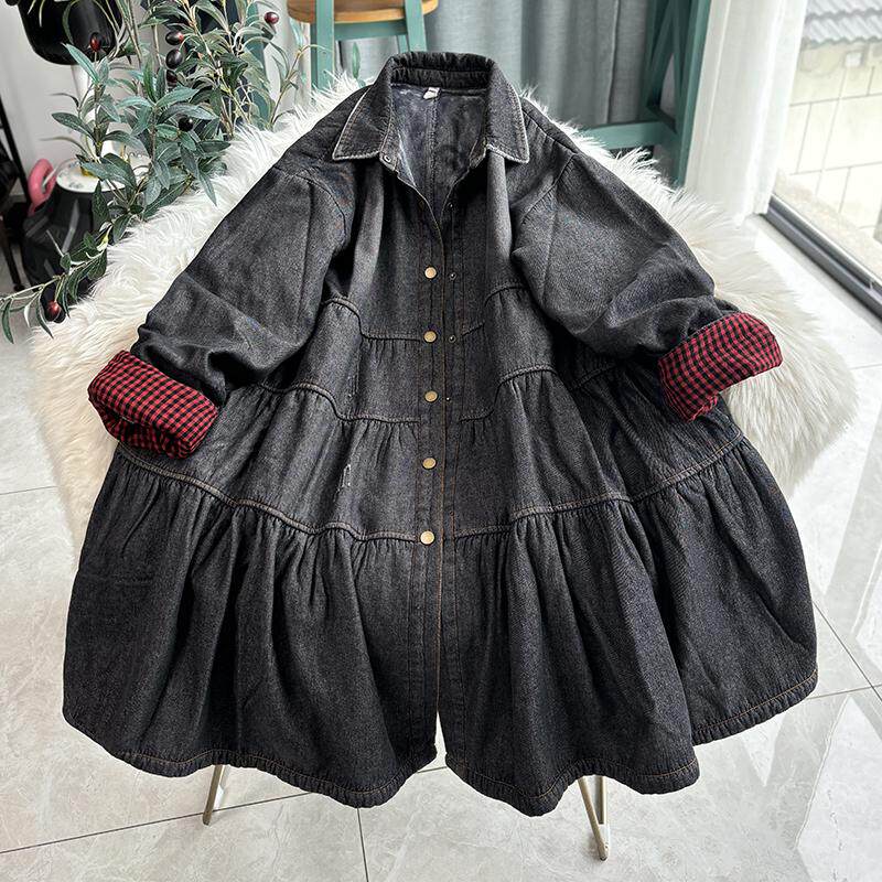 原创减龄冬季加绒加厚宽松显瘦牛仔棉服风衣大摆娃娃裙外套女大码