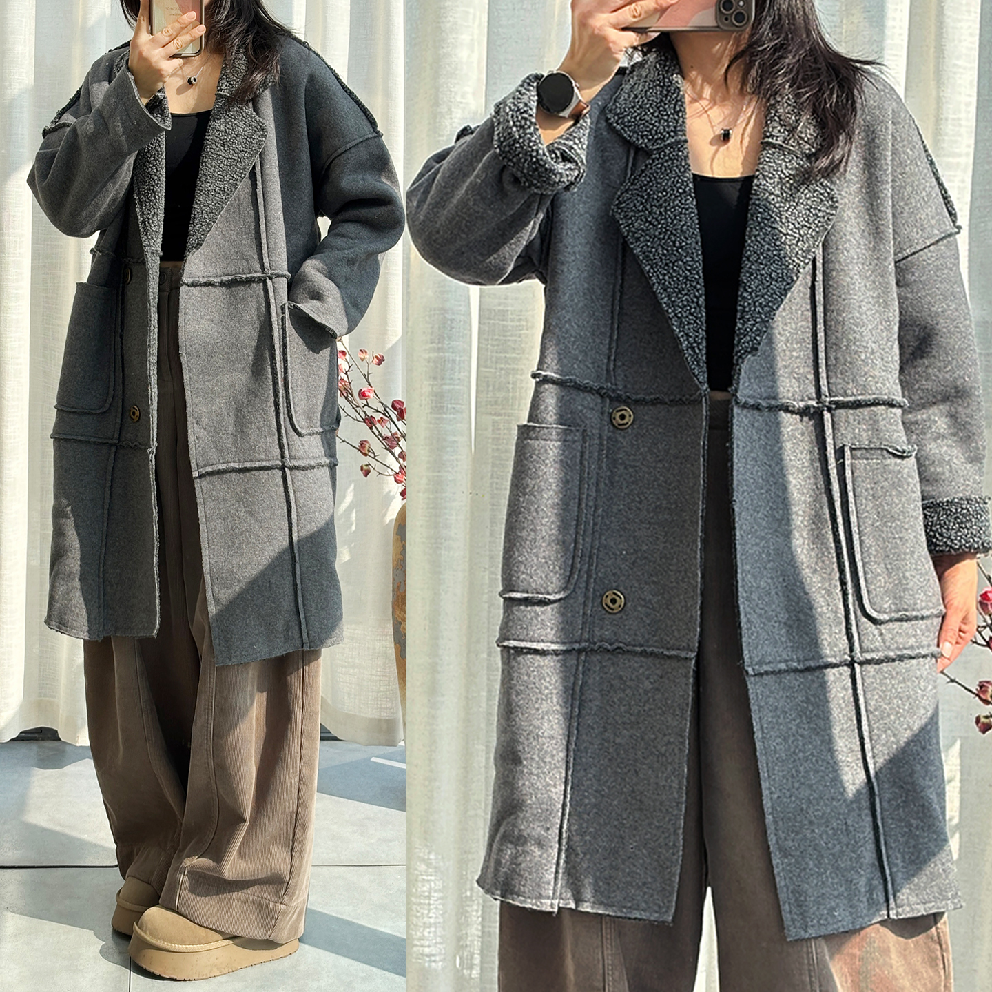 休闲极简风加厚灰色羊羔毛大衣女中长款单排扣翻领棉服外套风衣