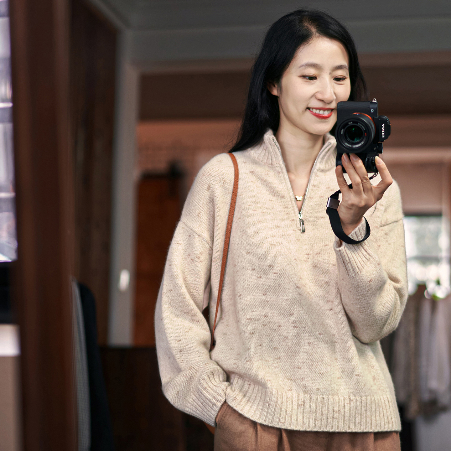 斐雪 定染山羊绒豆豆花纱 粗纱加厚四股拉链立领中性风高级感毛衣