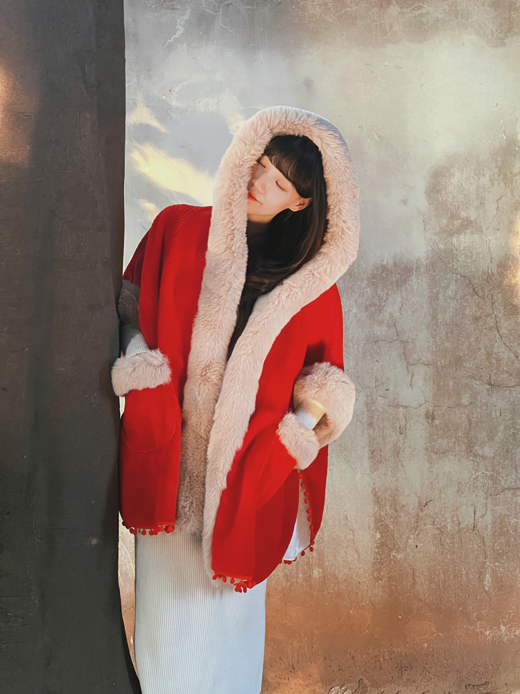 LINA小红帽圣诞新年红色加绒加厚连帽斗篷外套