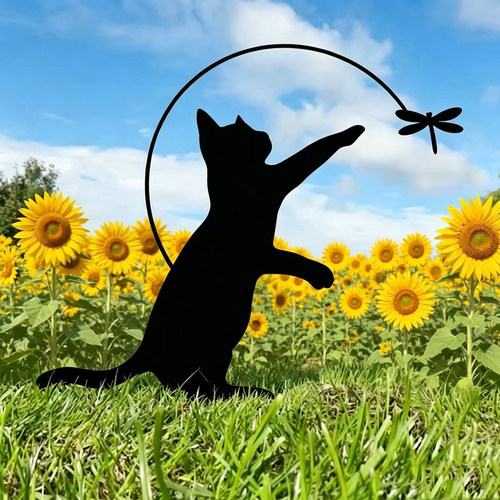 猫捉蜻蜓做旧铁艺花园地桩摆件