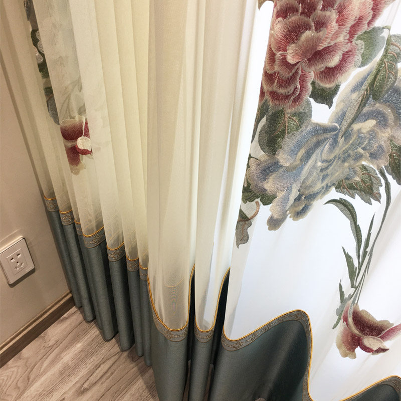 新中式古典牡丹花刺绣窗帘独绣纱帘高档客厅餐厅背景玄关隔断窗纱