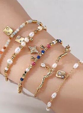 铜镀18K金欧美风时尚轻奢感珍珠手链女简约吊坠镶嵌锆石个性手饰