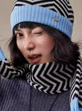 新款秋冬100%美利奴羊毛条纹毛球女冬季针织帽保暖帽休闲时尚百搭