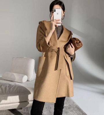 100骆驼绒大衣短款浴袍冬季外套秋冬连帽正肩大衣小个子女