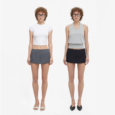宽腰羊毛西装超短裙裤黑灰
