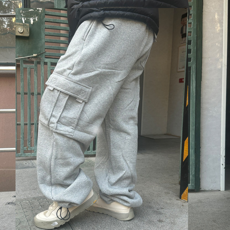 加长款灰色直筒针织加绒卫裤男宽松运动裤嘻哈街舞裤多口袋长裤子