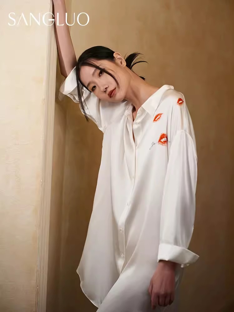 吻系列可外穿桑蚕丝家居服桑罗24新款女春夏睡衣长袖真丝衬衫睡裙