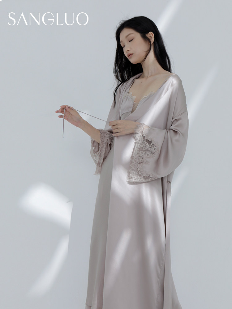 桑罗重磅真丝睡袍手工蕾丝拼接镂空肩带婚礼晨袍睡裙家居服睡衣套