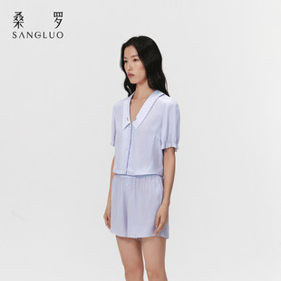 V领 家居服套装 桑罗泡泡袖 短裤 真丝睡衣100%桑蚕丝女士短袖 法式