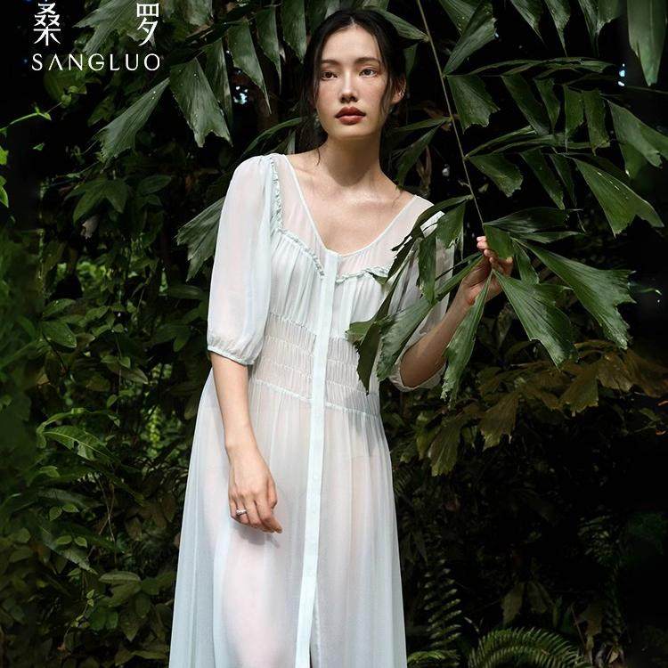 仙气度假桑蚕丝晨袍桑罗女春夏性感蕾丝真丝乔其纱睡裙睡袍套装