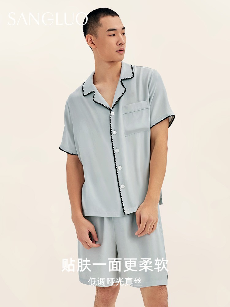 SANGLUO真丝睡衣套装男士短袖短裤基础款情侣睡衣可外穿家居服夏