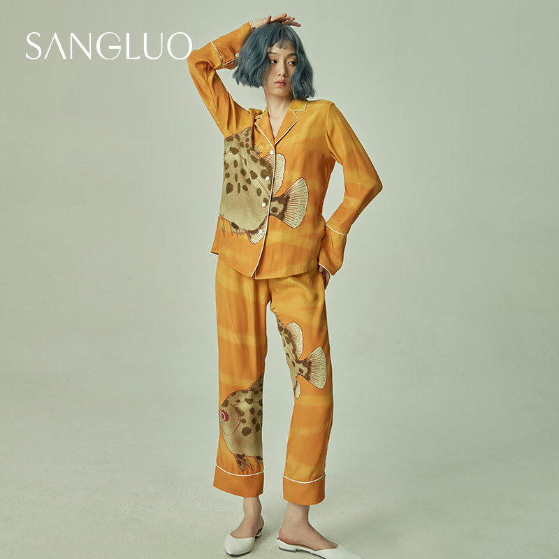 邓瑜高级外穿家居服套装桑罗桑蚕丝长袖印花真丝睡衣两件套女秋冬