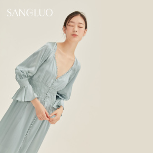 宫廷收腰显瘦礼服长裙桑罗女春夏桑蚕丝外穿长袖高级感真丝连衣裙