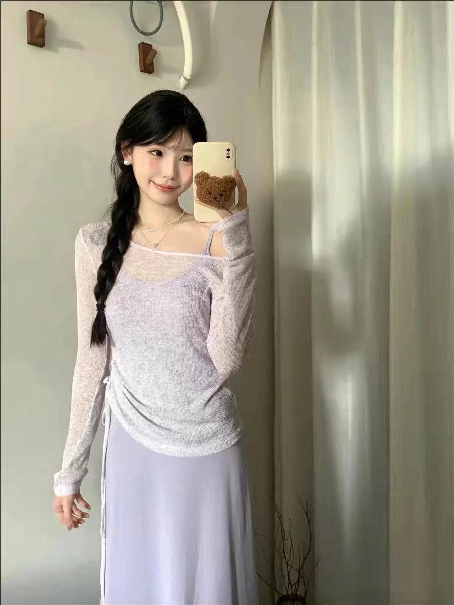 惠美随意时髦紫色吊带连衣裙薄款露肩防晒罩衫两件套女夏季新款