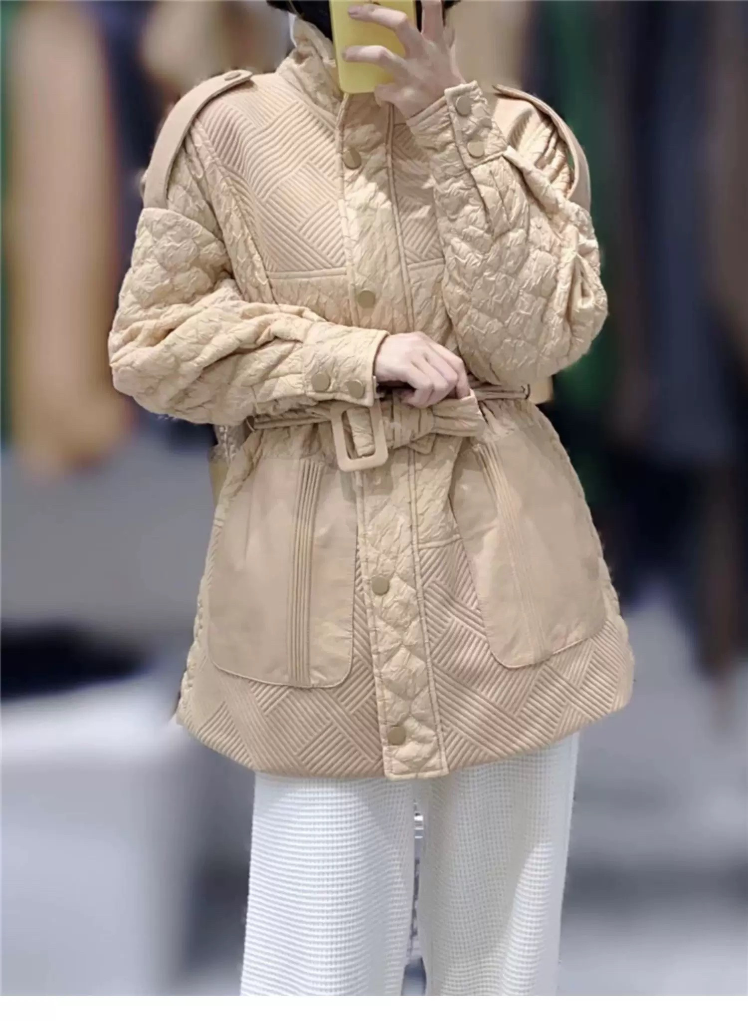 真皮拼接系带收腰立领轻薄棉服女棉衣/棉服