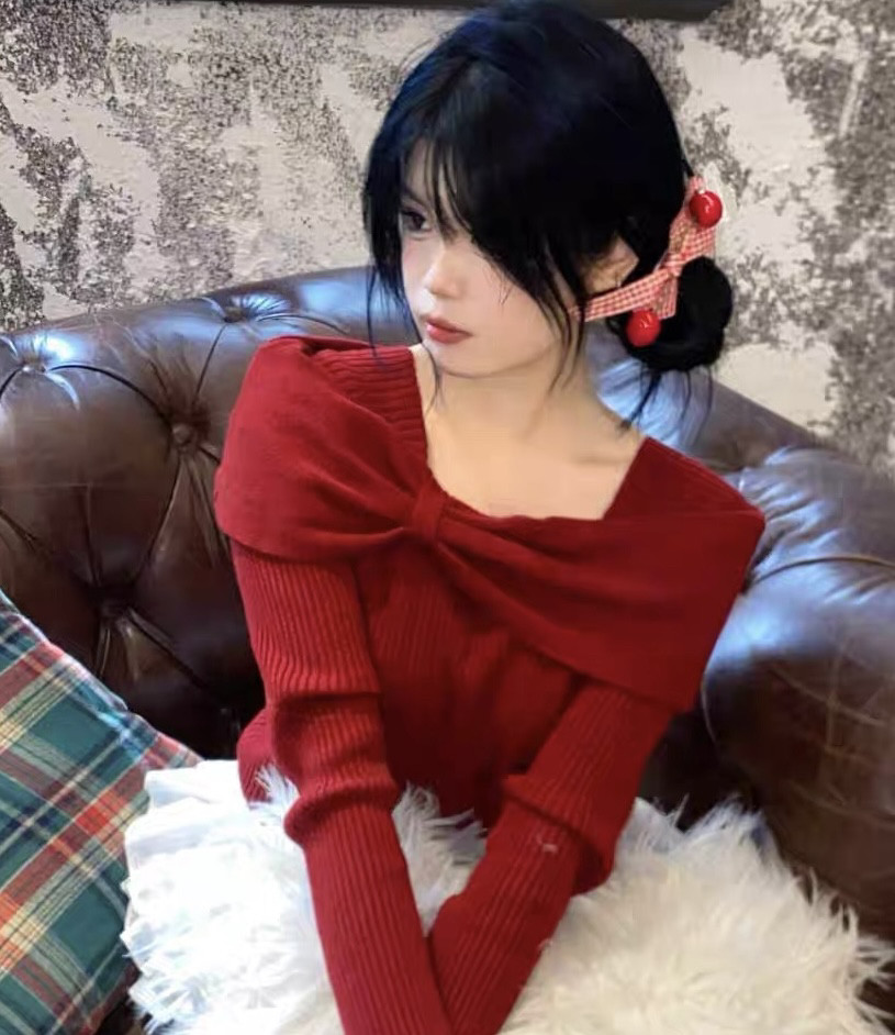专柜品质红色蝴蝶结套头针织衫女毛针织衫