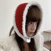 2025新款 红色针织毛线帽女冬季 保暖防寒护耳套头帽显脸头巾帽耳罩