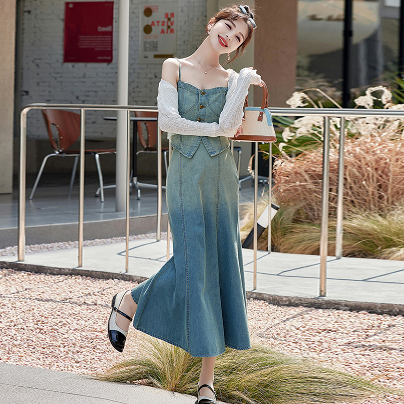 套装春季披肩吊带渐变鱼尾裙牛仔