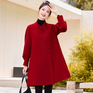 毛呢外套女秋季大码杭派立领复古盘扣灯笼袖双面羊毛呢斗篷中长款