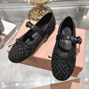 法式小香复古格纹玛丽珍鞋平底甜美蝴蝶结皮带扣芭蕾舞鞋舒适单鞋