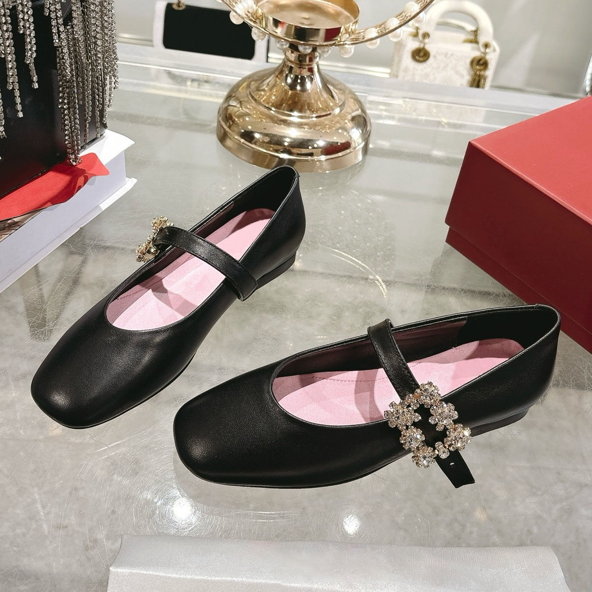 2025新款真皮方扣水钻玛丽珍鞋