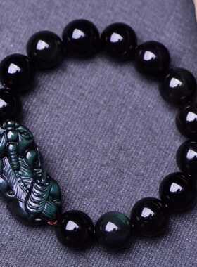 2026彩虹眼黑曜石貔貅手链男光面圆珠单圈大气转运手串男女款