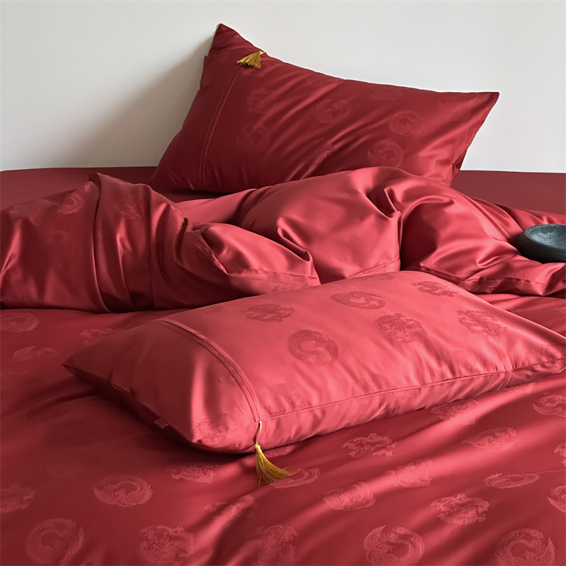 新中式龙凤红色100支婚庆床上六件套纯棉提花流苏结婚喜庆四件套