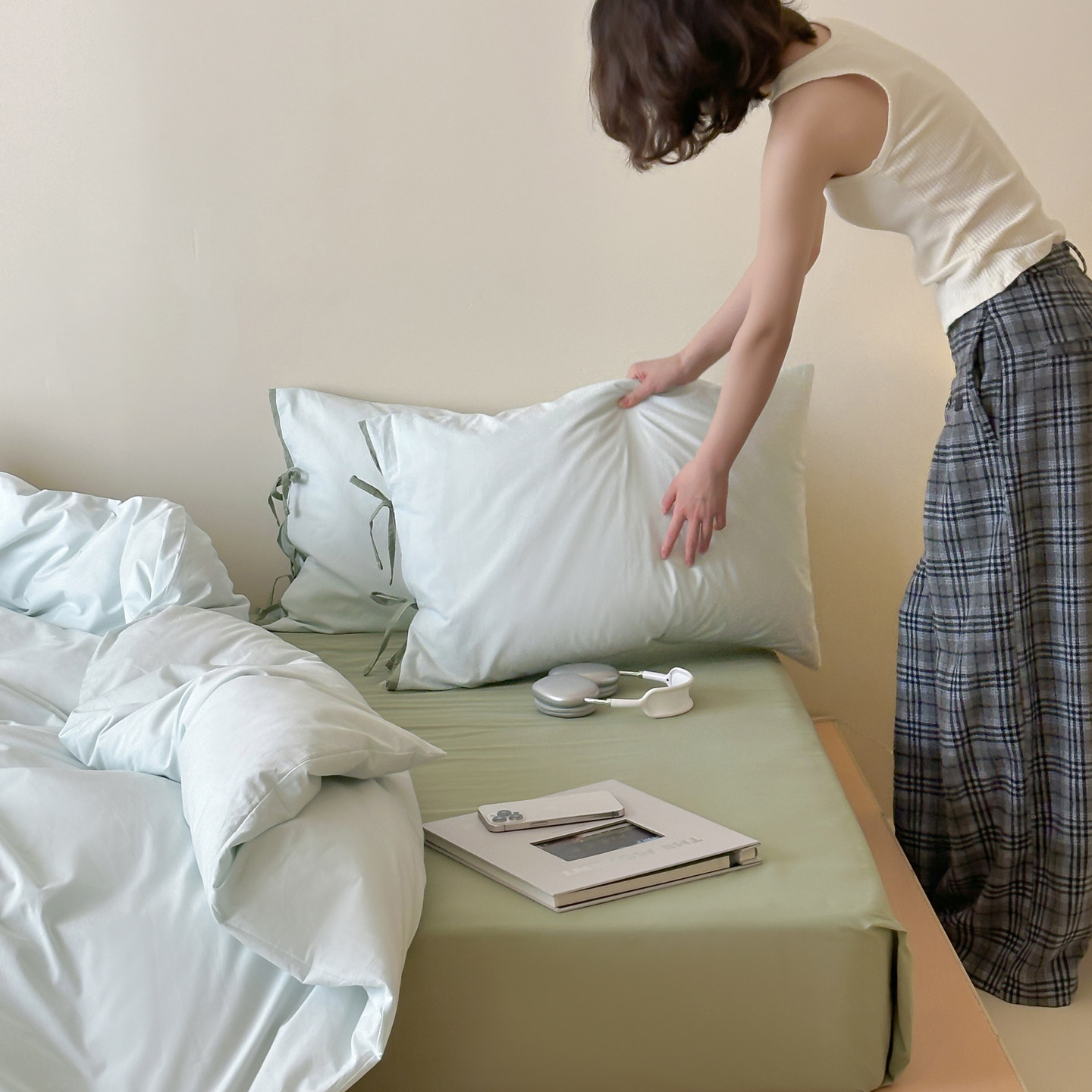 ins风纯色40支水洗棉被套床单枕套单卖 全棉少女心蝴蝶结枕套床笠