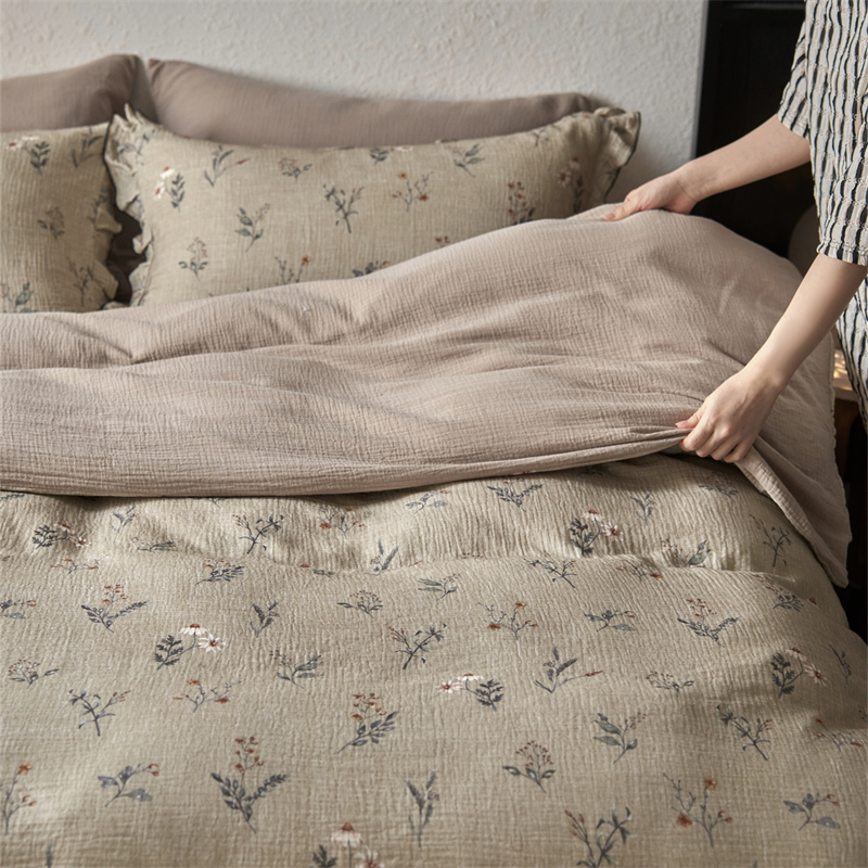 复古森系田园风双层纱四件套纯棉透气素雅花卉荷叶边日式床上用品