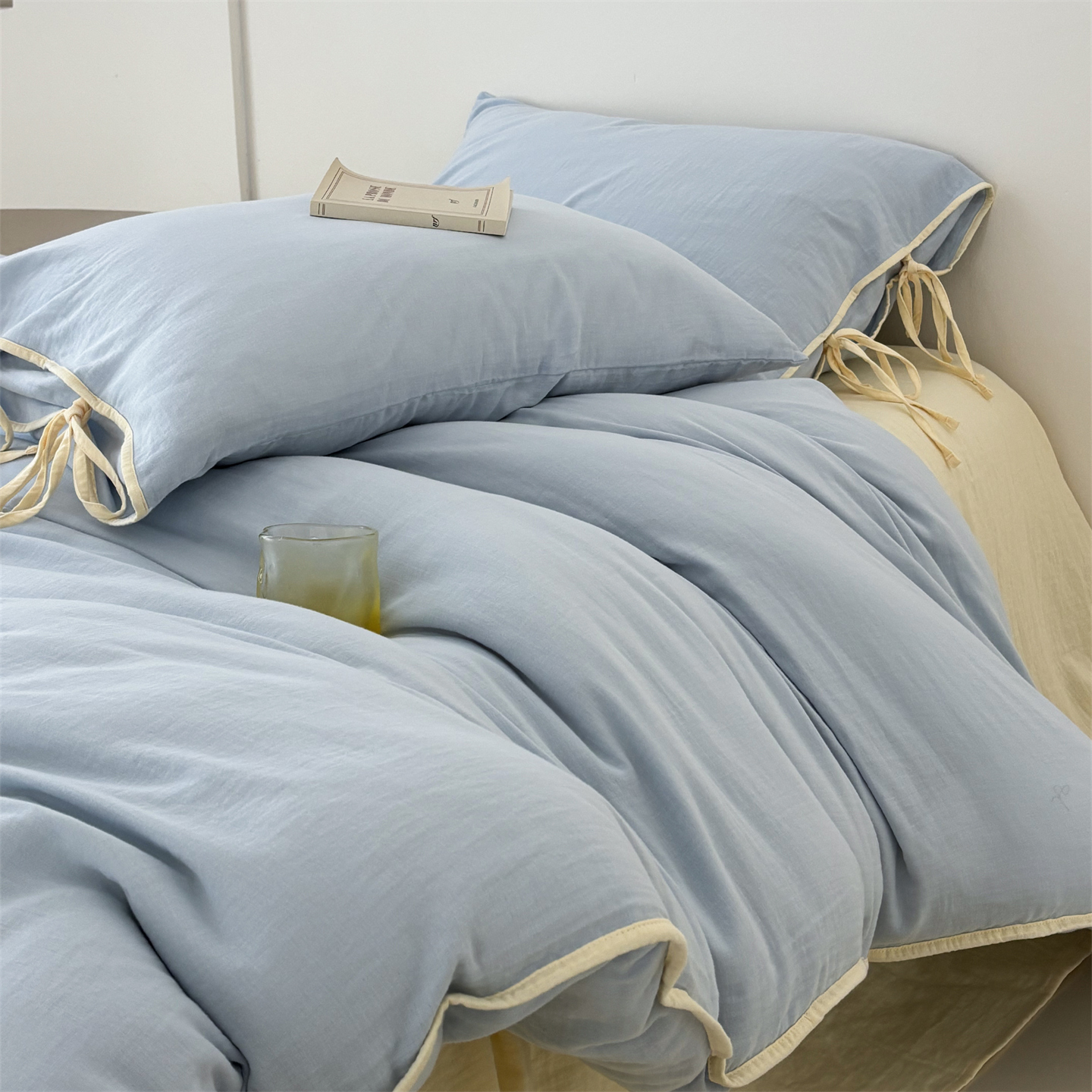 简约ins风纯色双层纱四件套 | 全棉透气包边撞色蝴蝶结少女心床品