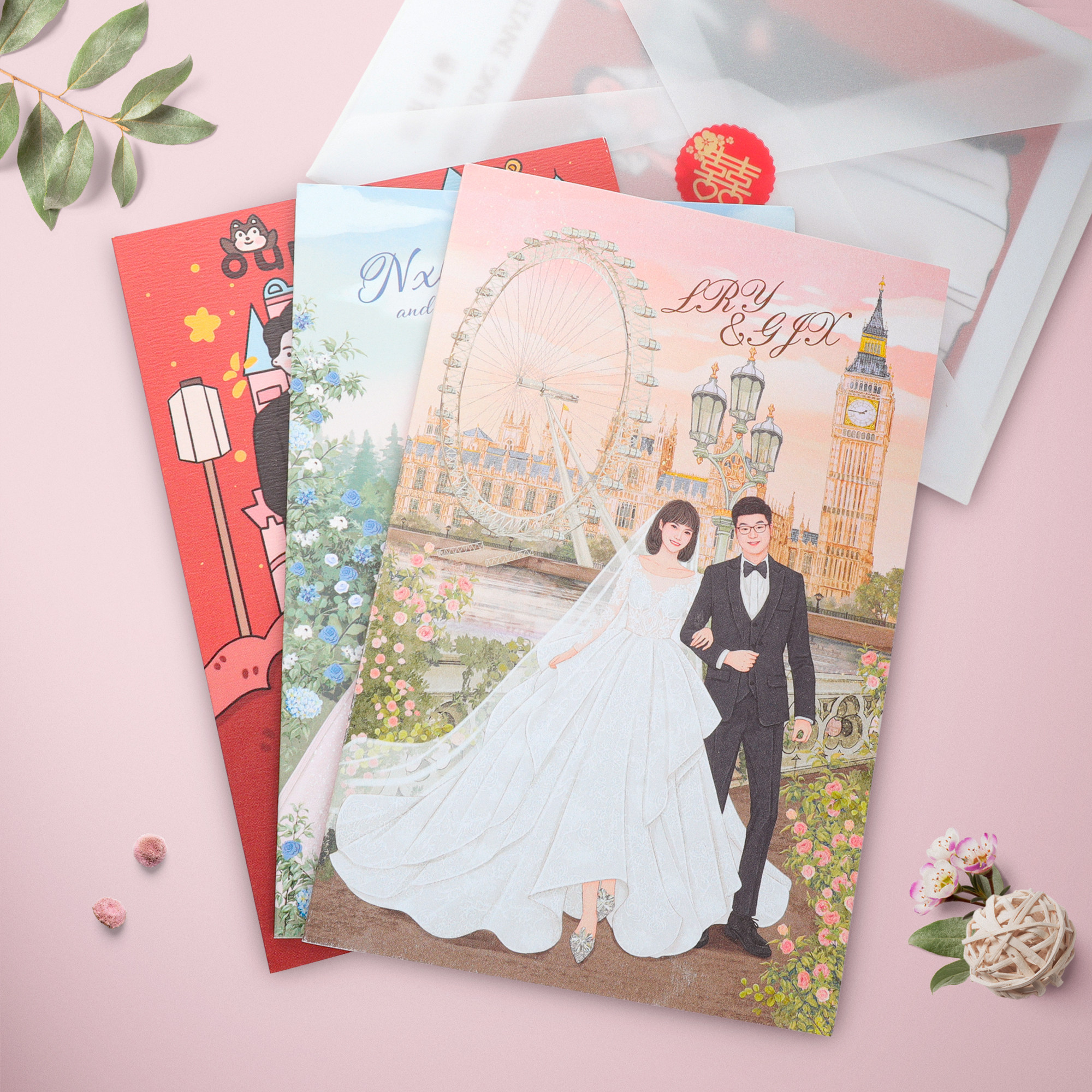 结婚插画手绘对折式请柬定制邀请喜帖贺卡中国风欧式打印创意简约