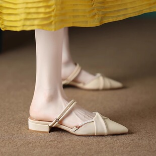 羊皮版绝美晚晚风低跟包头女式夏天凉鞋2025百搭不累脚半拖鞋单鞋